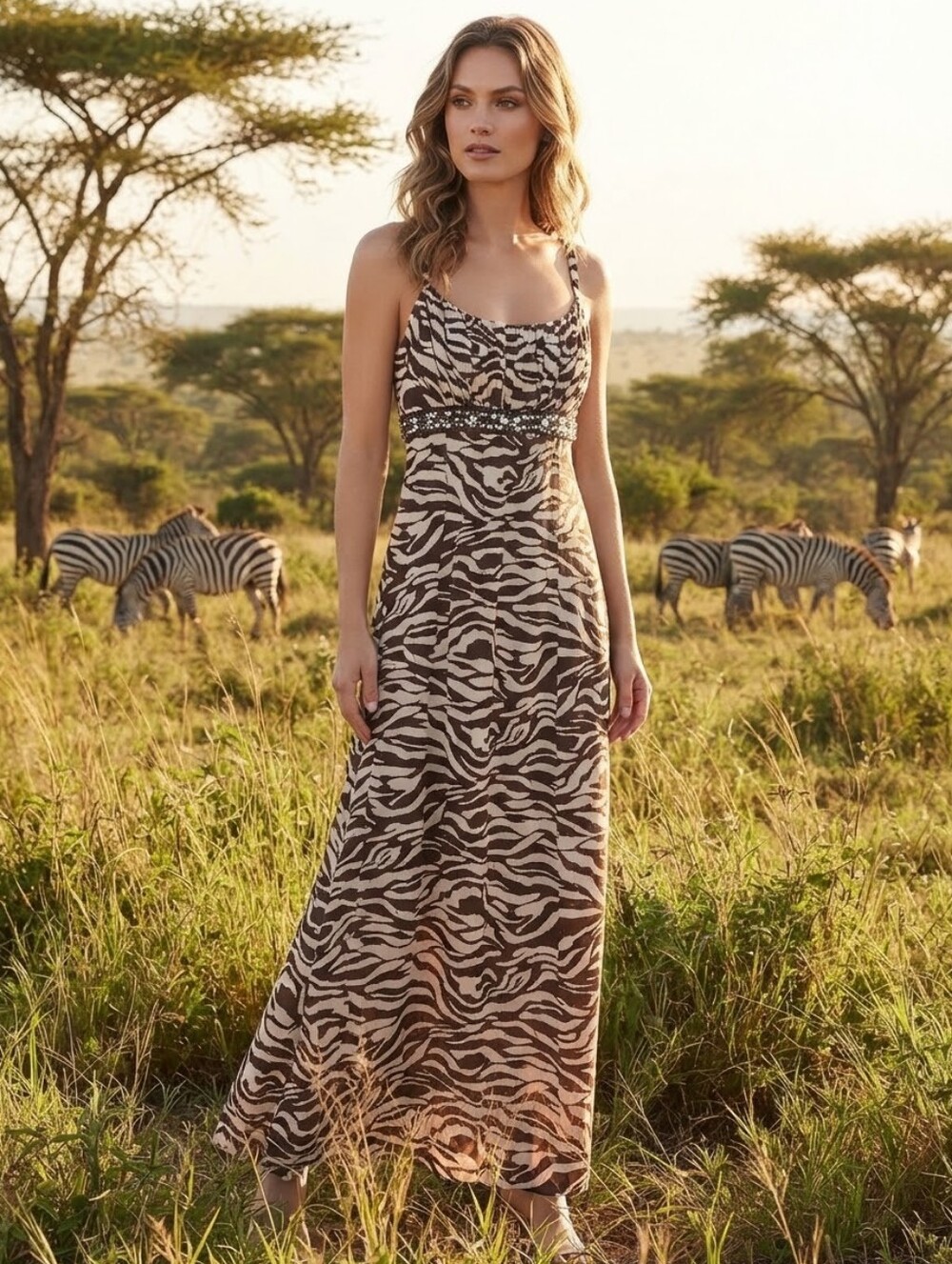 INC International Concepts Women's Brown and Cream Zebra Print Maxi Dress Size L